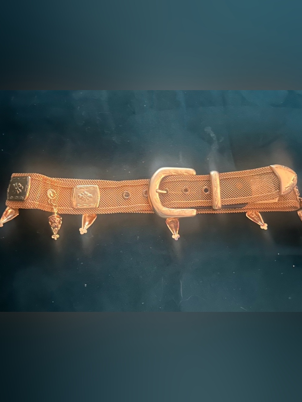 Gold-Tone Mesh Chain Women's Belt with Decorative Buckle & charms